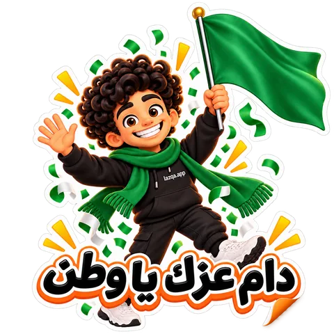Sticker of the Lazqa character reading “Proud of my homeland” in Arabic