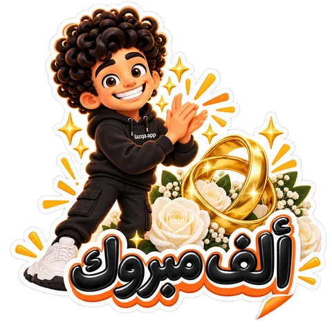 Sticker of the Lazqa character reading “Congratulations!” in Arabic